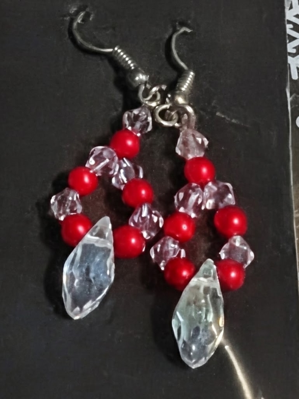 Red Beaded Drop Earrings with Clear Crystal Teardrops